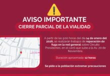 Anuncian cierre parcial de vialidad en Circuito Presidentes por trabajos de reparación de fuga