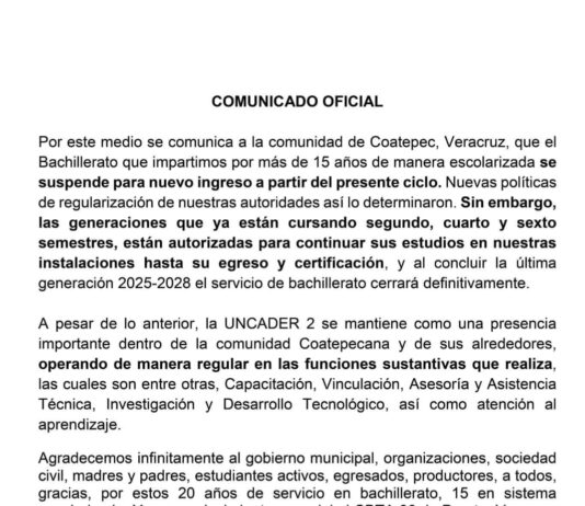 Anuncian cierre del bachillerato escolarizado en UNCADER número 2 de Coatepec