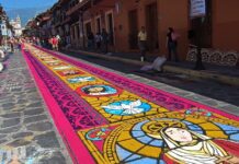 Elaboran monumental alfombra de aserrín en Xico por festejos de Santa María Magdalena